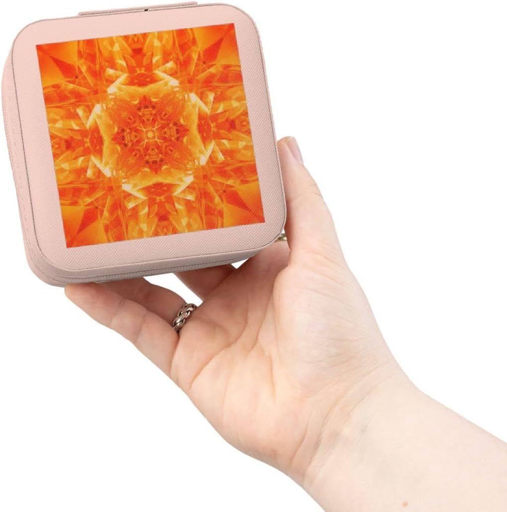 3dRose Orange Kaleidoscope digital mandala of orange glasses in brightly reflective design Jewelry Travel Case Pink
