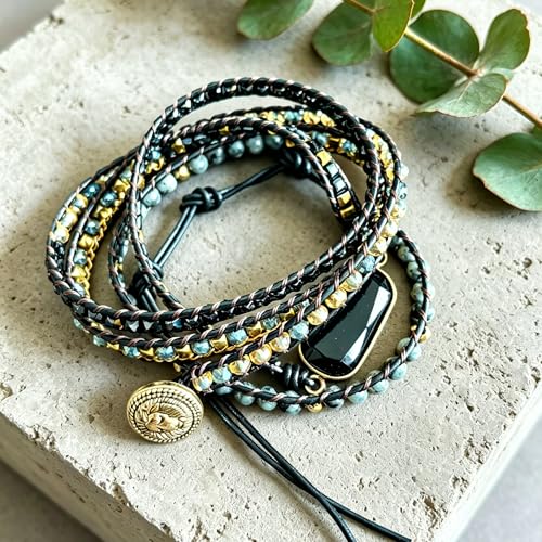 Image of Plumiss Women Boho Handmade Natural Stone Crystal Leather Bead Wrap Bracelets Collection