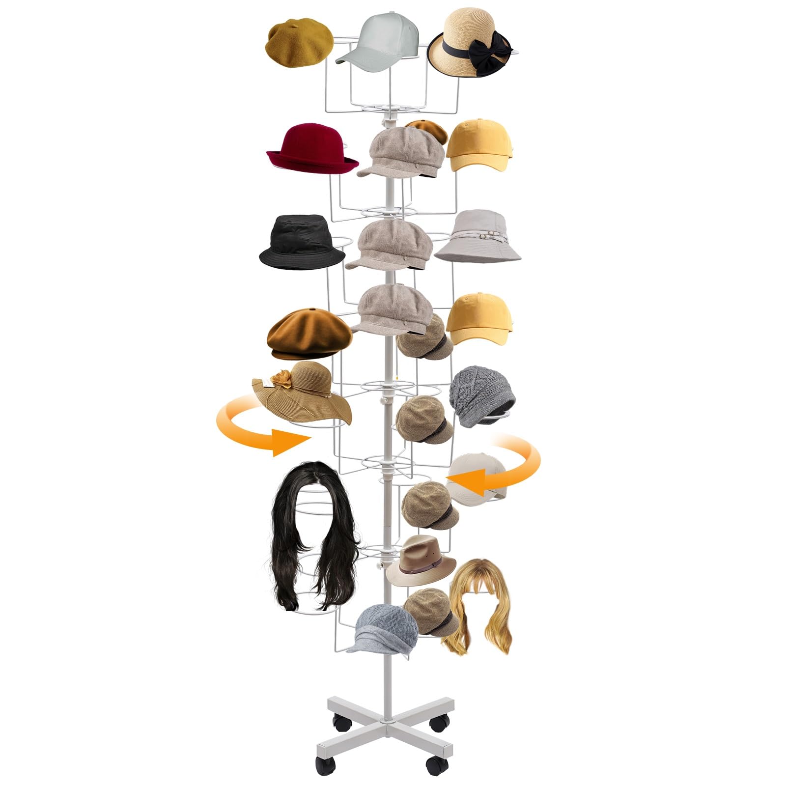 7-Tier Rotating Hat Display Stand, 35 Hooks Metal Freestanding Retail Display Stand Commercial Large Headwear Wig Rack Metal Floor Rack for Hats and Wigs (White)