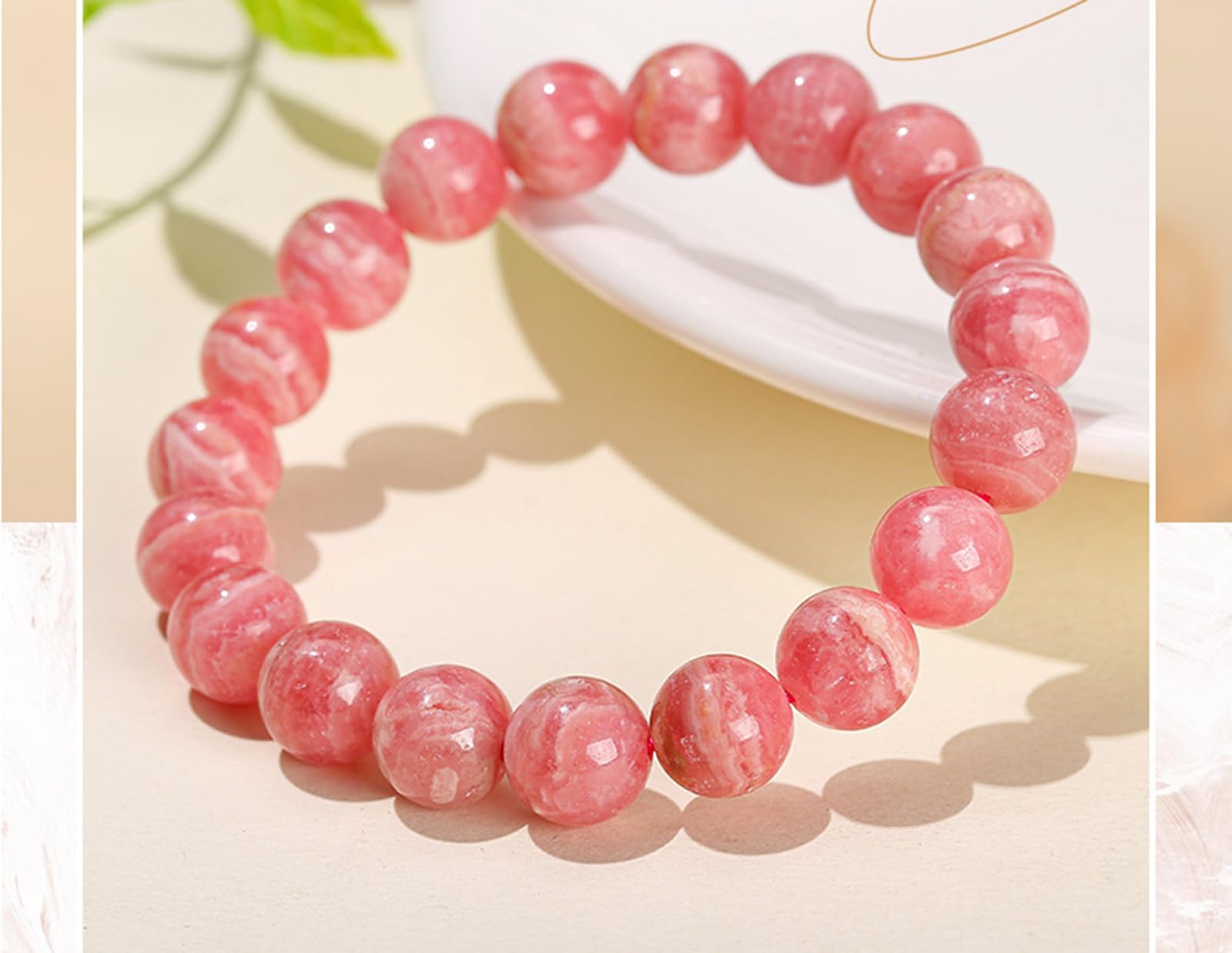 Bracciale con rodocrosite da Donna – Bracciale Elasticizzato con Perline a Fila Singola in Pietra di rodocrosite Rosa Naturale, Regalo Semplice ed Elegante,9~10mm