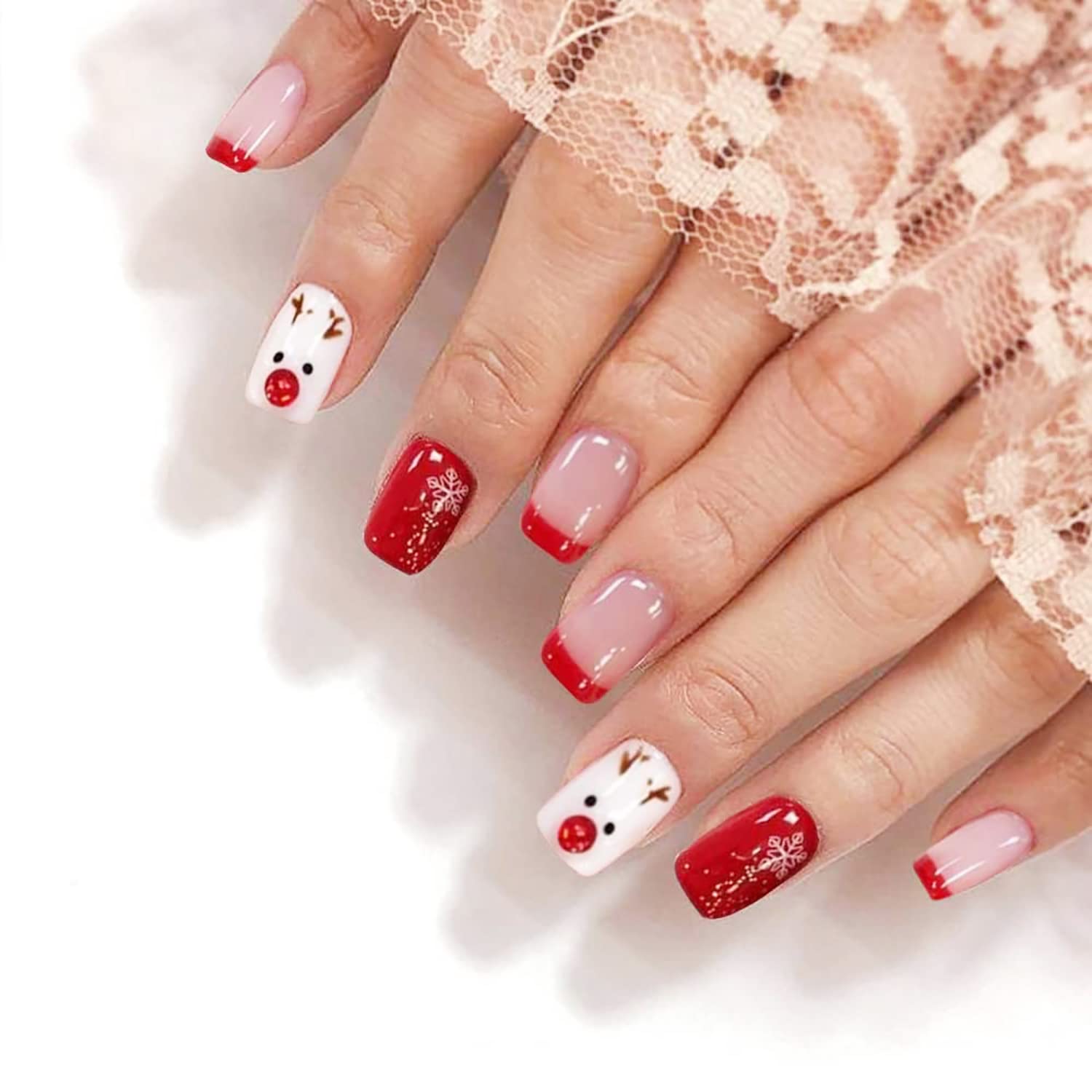 Christmas Press on Nails Short Square Design Fake Nails with Nail Glue Acrylic Artificial False Nails Cute Snow Elk Full Cover Stick on Nails for Women Girls Kids Manicure Tips 24Pcs?Red White?