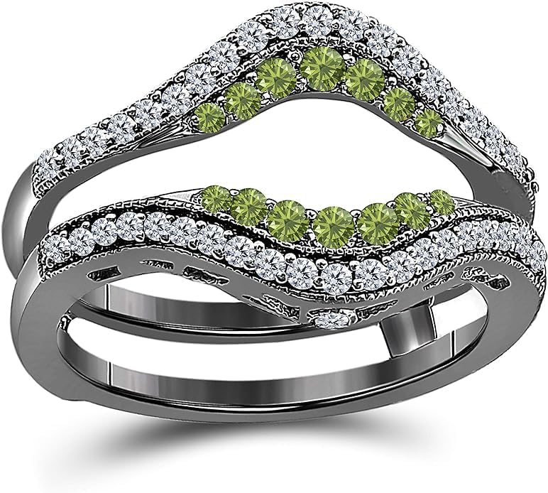 Created Real 925 Sterling Silver 14K Gold Finish Round Cut White Diamond & Peridot Double Row Pave Set Enhancer Guard Ring Wedding Gift For Women