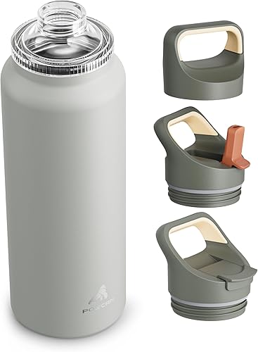 Botella de agua aislada de 40 onzas para pesca: 3 tapas, a prueba de fugas, mantiene el hielo 24H y caliente 12H, de doble pared, gran botella de