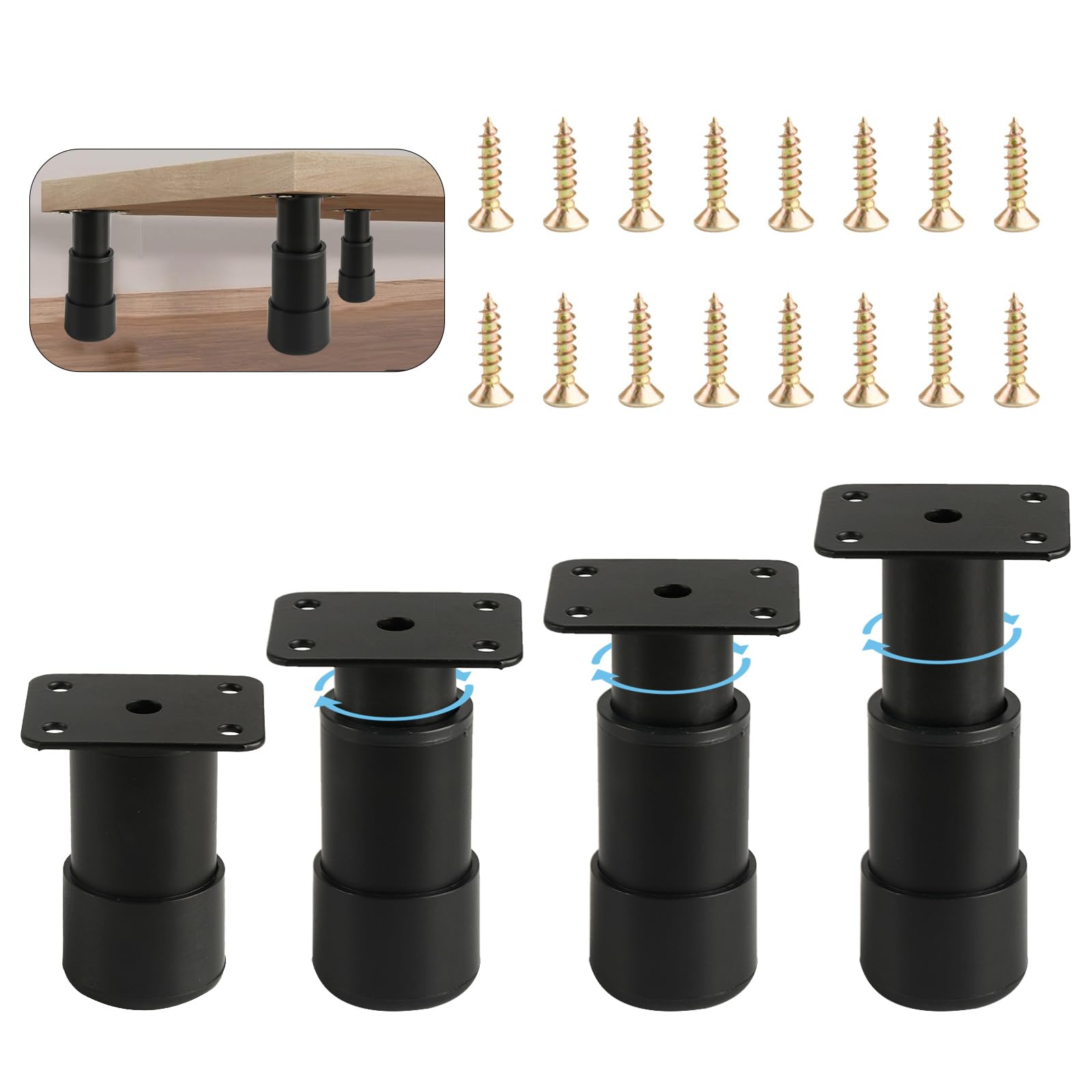 Set of 4 Adjustable Furniture Feet, Stainless Steel Furniture Feet, Height Adjustable 120 mm - 180 mm, Base Feet, Table Legs, Metal Black Furniture Legs for Cabinet, Sofa Feet, Cabinet Feet, Bed Feet — image 1