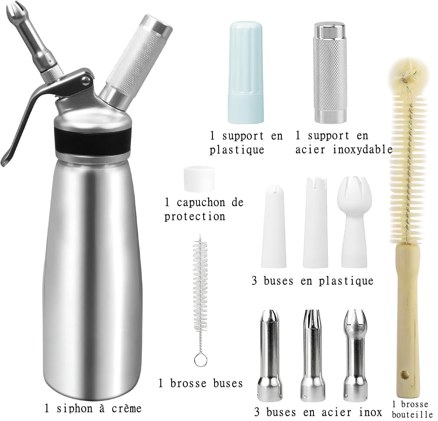 MALLOOM Siphon à Crème Chantilly Professionnel Siphon à Chantilly en Aluminium 500 ML / 1 Pinte avec 6 Douilles de Décoration, 1 Capuchon de Protection, 2 Brosses de Nettoyage