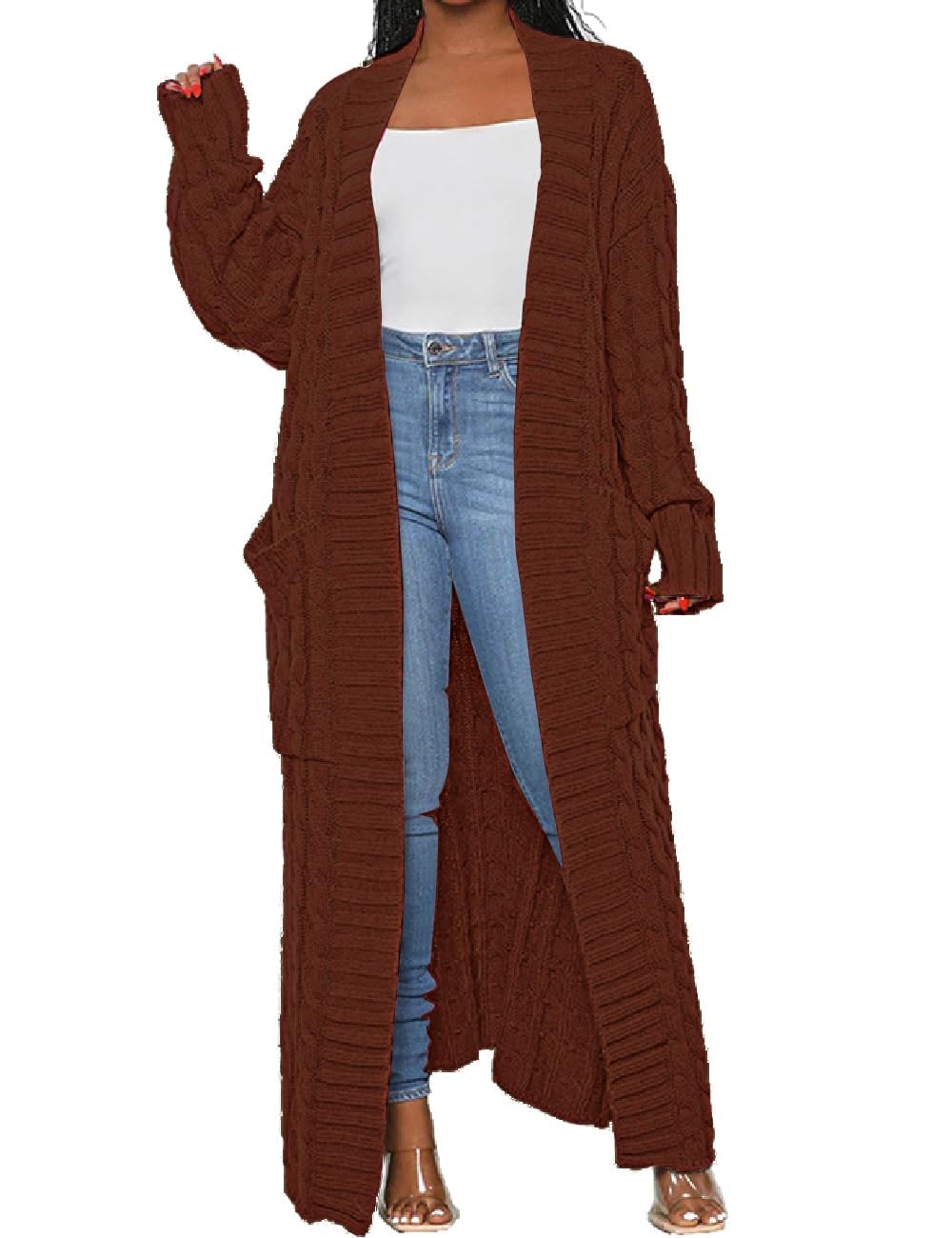 Womens Thin Stylish Cable Knit Dual Extra Long Maxi Cardigan with 2-Pockets