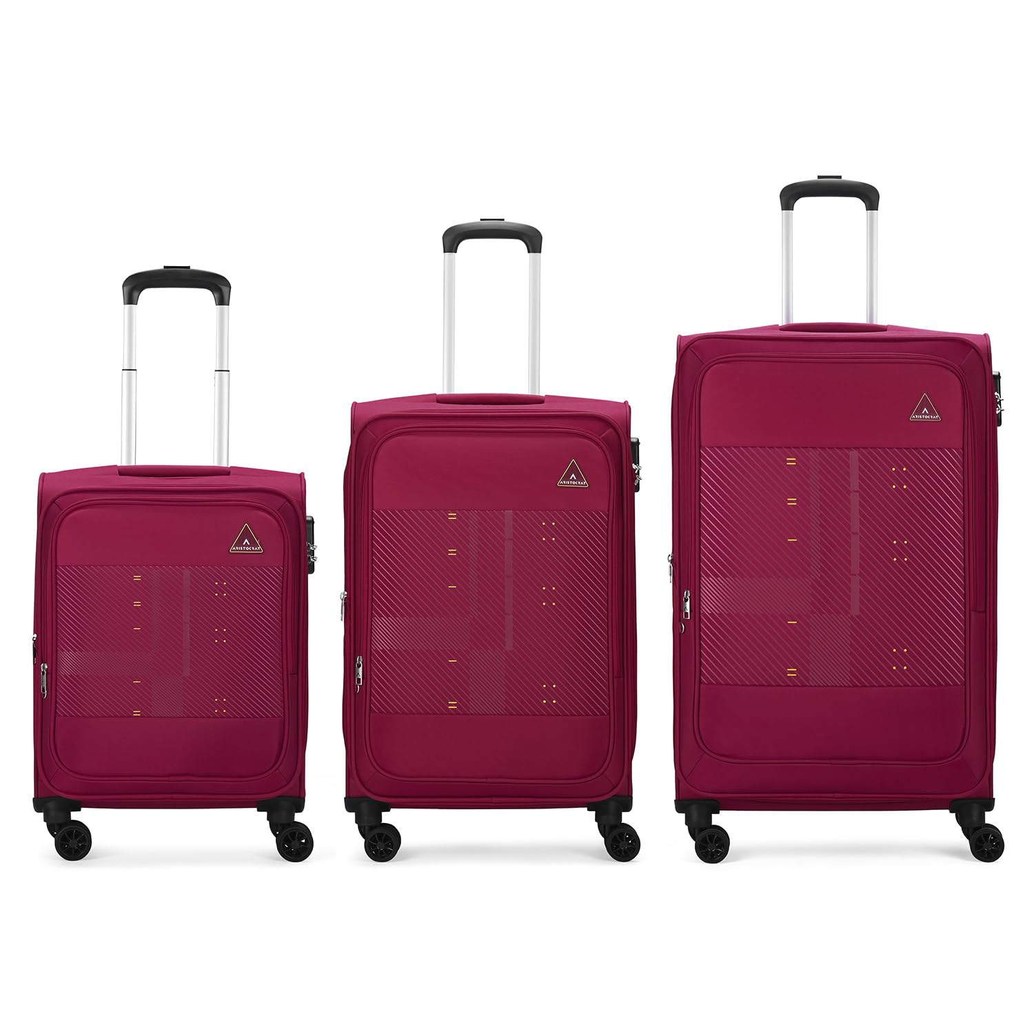 Aristocrat Duralite Set of 3 (Cabin, Medium & Large) Trolley Bag Polyester Soft Case Spinner | Combination Lock | 8 Wheels | 3 Years International Warranty | Red