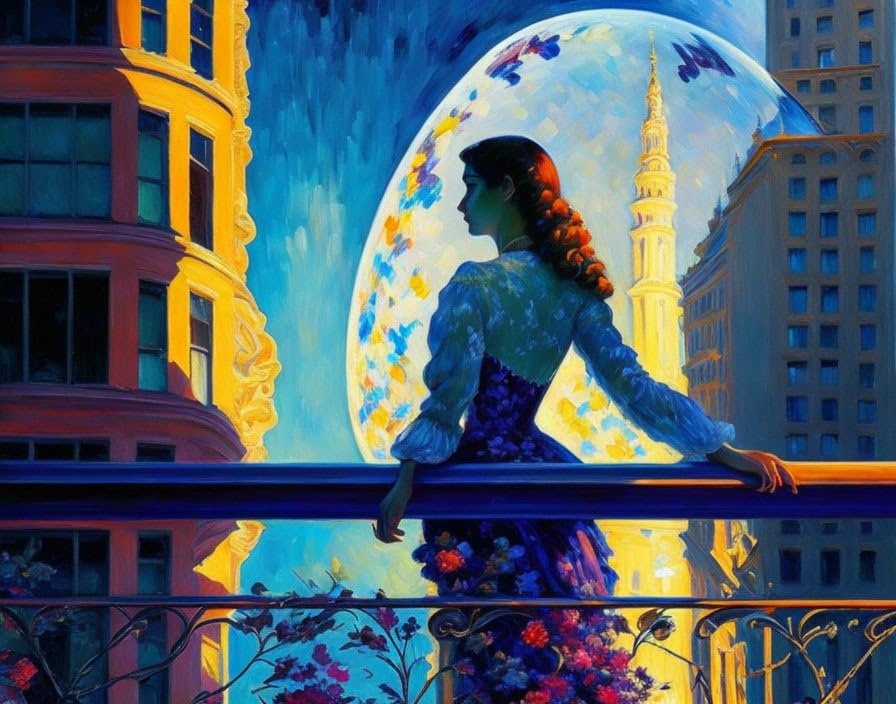 Poster femme plongée au large du gratte-ciel lune balcon 58x90