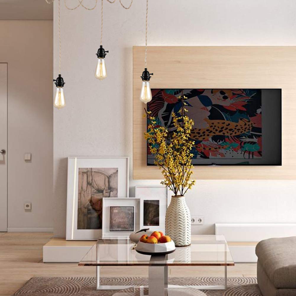 Yilliaw 27FT 3 Light Plug in Pendant Lights with Switch & Hemp Rope, Industrial Hanging Light Kit Pendant Light Cord with E26 Socket, DIY Lamp Cord Fixture for Farmhouse Bedroom Living Room Decor