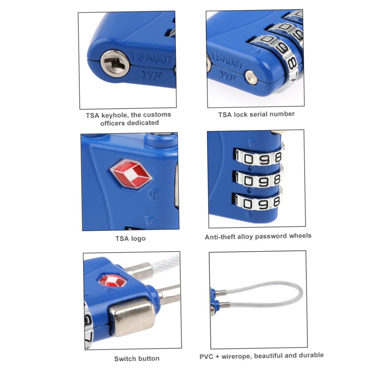 Tofficu 6 pezzi Serrature Tsa con Cavo per Valigia Lucchetti Combinazione Colori Nero e Blu Bagagli e Armadietti Facile da Usare e Sicuro