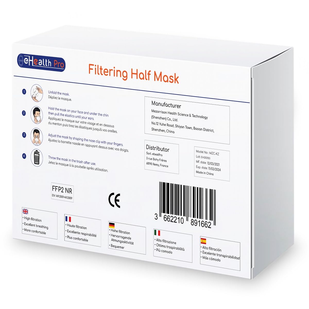 Paquete x1440 Máscarillas Respiratorias Protección FFP2 NR desechables, 5 CAPAS, certificadas CE EN149 por un Organismo Notificado (NB), EFB > 94%, paquete de 72 cajas de 20 unidades