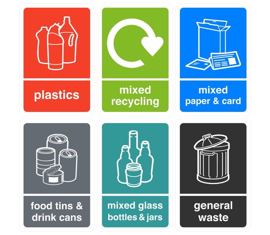 Recycling signs complete pack of 6 essential for recycling bins - High tack self-adhesive sticker (200mm x 150mm) Viewing Distance within 5m.