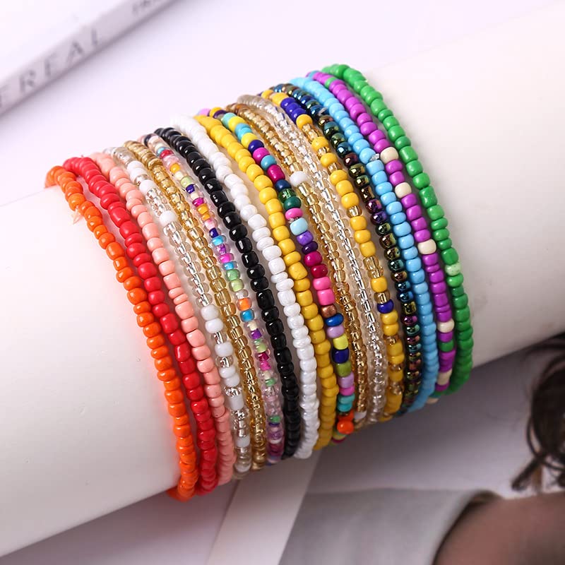 Soyzvteo 17Pcs Elastic Beaded Bracelets Bohemian Stackable Beaded Stretch Bracelets Colorful Boho Beach Bracelet Set Rainbow Handmade Seed Beach Bracelet Jewelry2