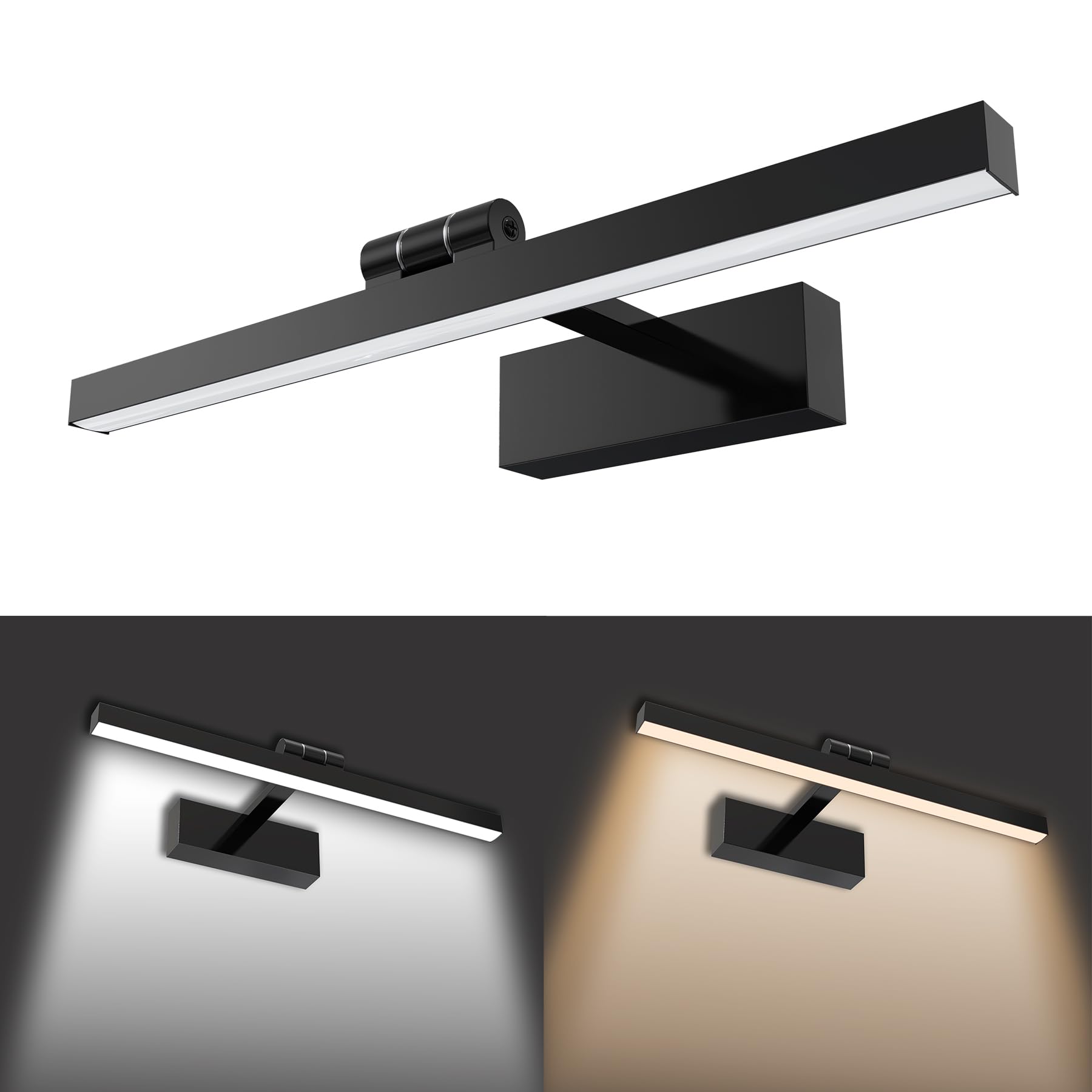 UISEBRT 15W 60cm LED Spiegellampe Badezimmer, Leuchtstoffröhre 180° Verstellbar, Schwarz Badezimmer Lampe Modern IP44 Schrankleuchte für Wandbeleuchtung und Spiegel Beleuchtung, Typ A Kaltweiß