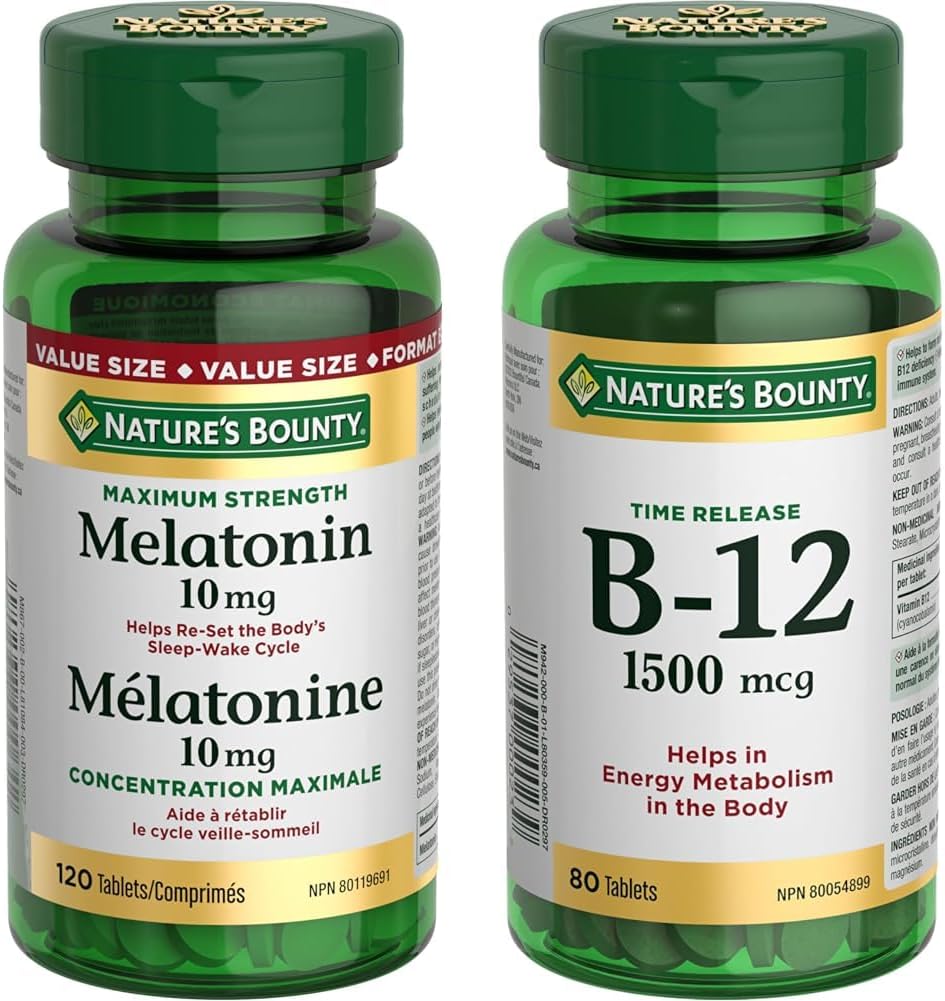 Nature's Bounty Melatonin 10mg 120 Count Value Size Helps Reset Body's Sleep-Wake Cycle, Reduce Effects of Jet-lag, Reduce Time it Takes to Get to Sleep & Time Release Vitamin B-12 Tablet, 1500 mcg