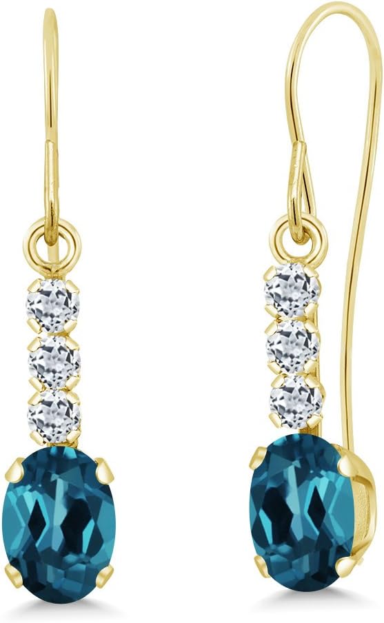 Gem Stone King 10K Yellow Gold London Blue Topaz and White Topaz Drop Dangle Earrings For Women (1.34 Cttw, Gemstone November Birthstone, Oval 6X4MM)