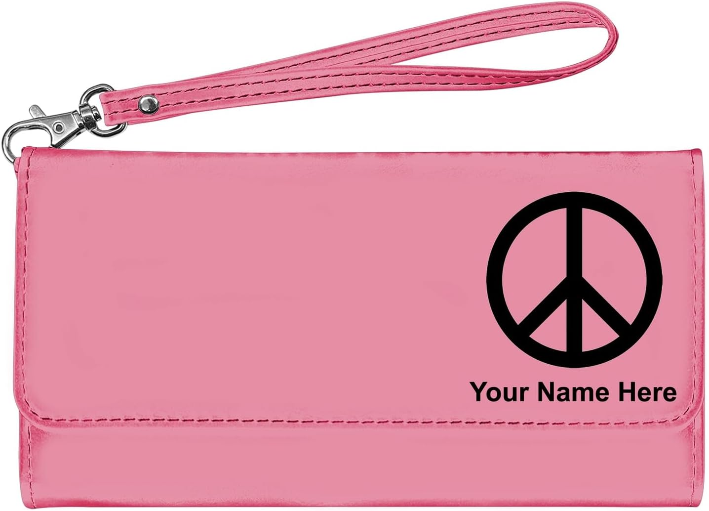 LaserGram Faux Leather Womens Wallet with Strap, Peace Sign, Personalized Engraving Included (Black with Silver)