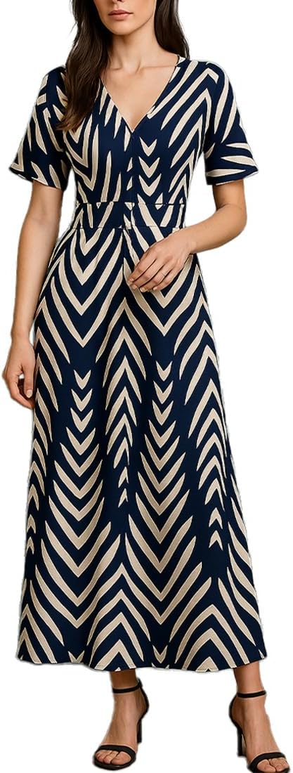 Casual Long Dresses for Women 2025 Flowy Smocked V Neck Half Sleeve A Line Maxi Dresss - Image 2