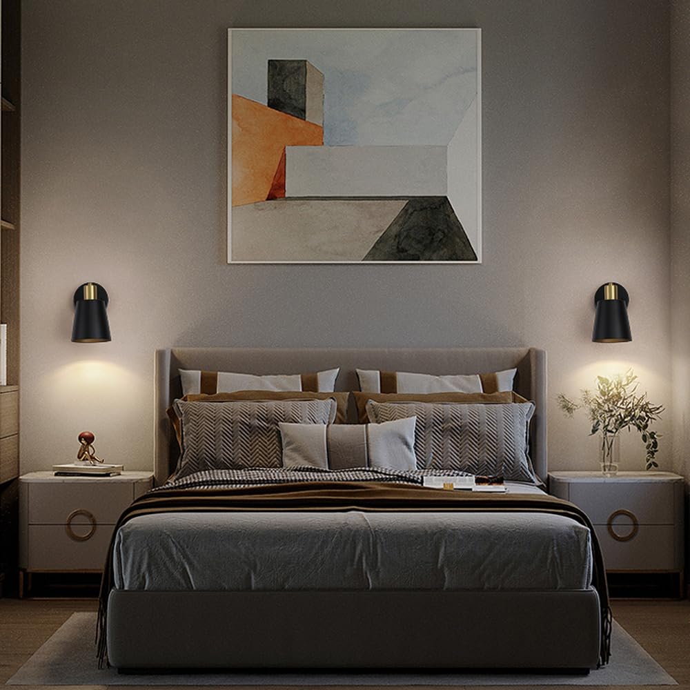 Applique da parete in stile Mid-Century Modern, set da 2, a batteria, senza fili, con telecomando, lampadina LED ricaricabile, lampada wireless per camera da letto, testiera del letto, soggiorno, ner