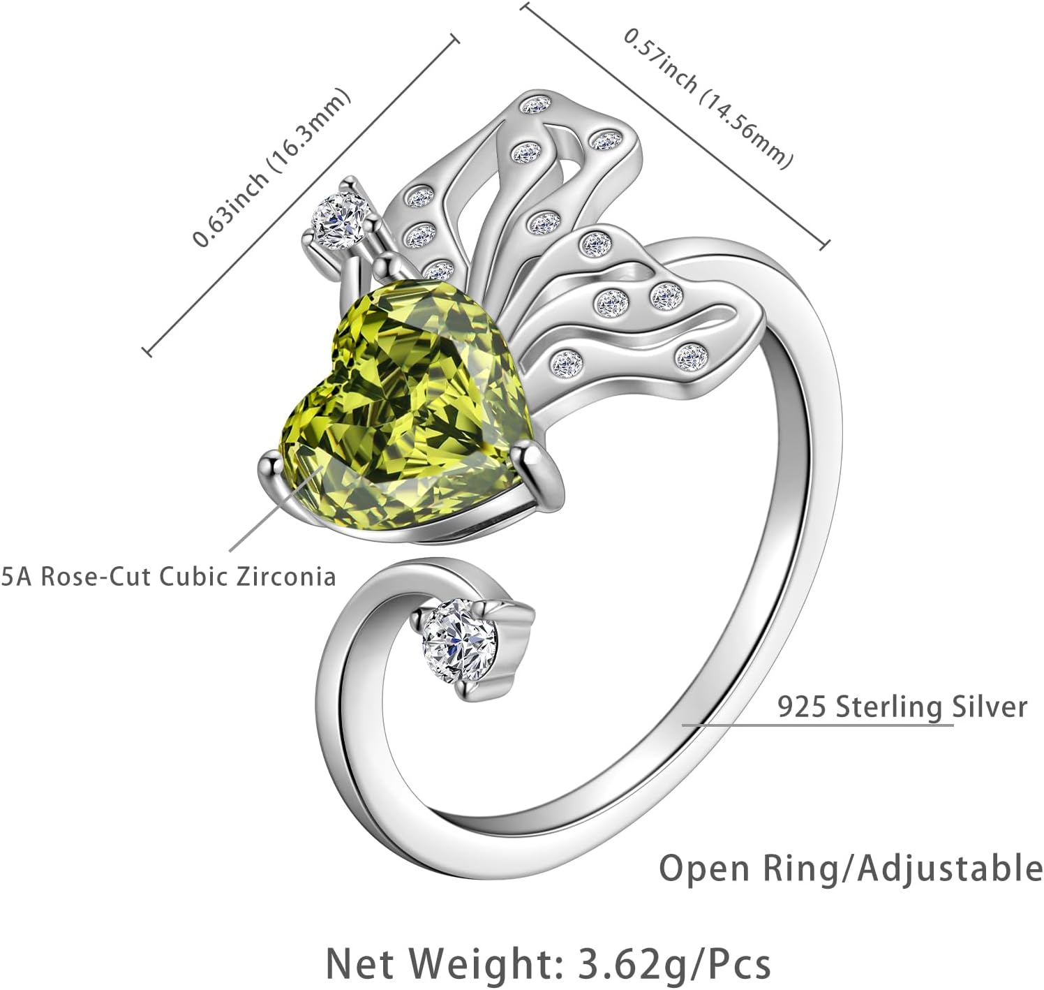Butterfly Heart Birthstone Ring - 925 Sterling Silver Rose Cut Cubic Zirconia Adjustable Butterfly Ring Anniversary Engagement Promise Ring Birthday Jewelry Gift for Women Wife Mom Daughter