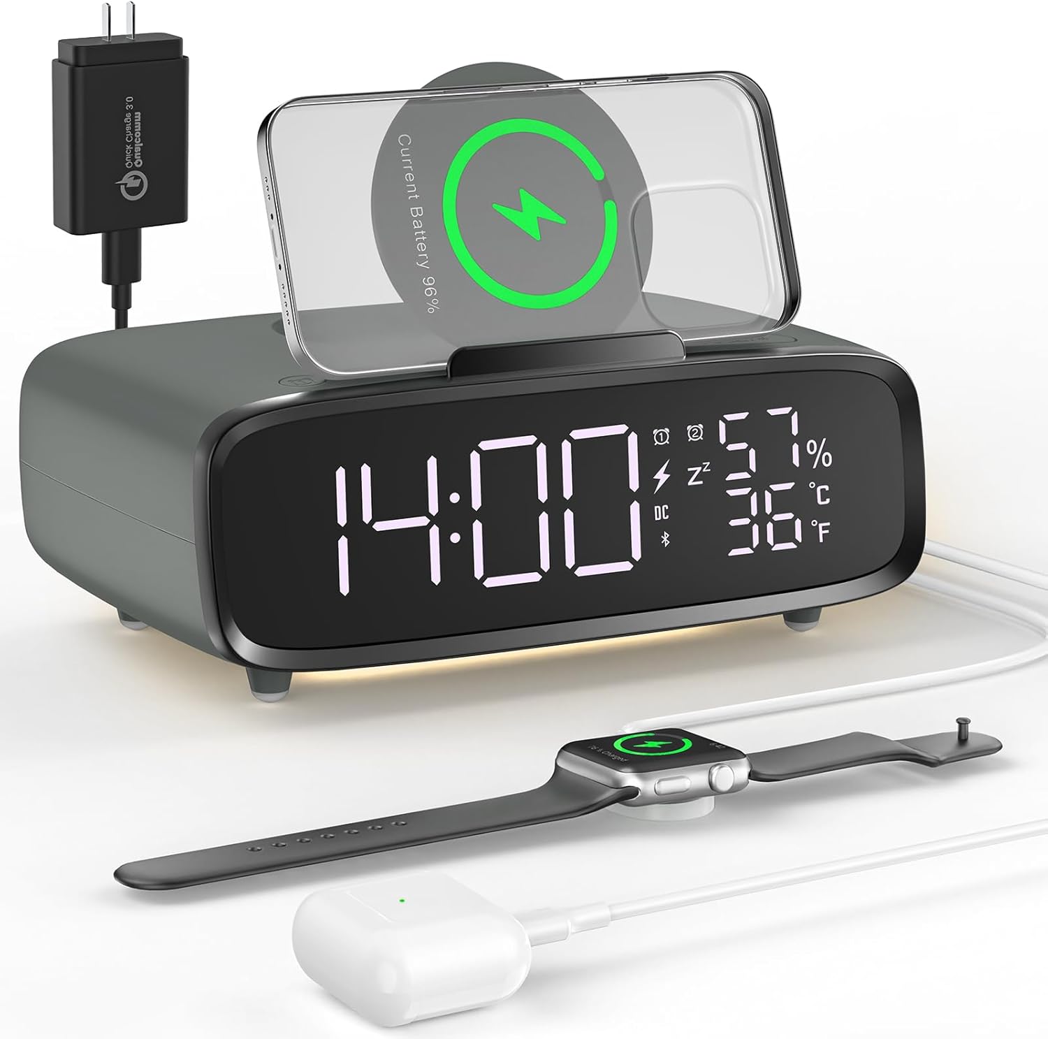 COLSUR 6 in 1 Alarm Clock with Wireless Charging,USB