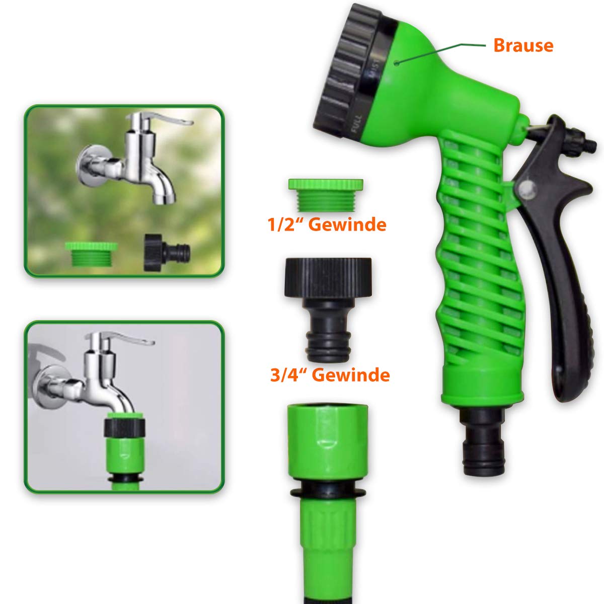 UC-Express Gartenschlauch Flexibel 60m - 200ft, Grün, Polyester, Dehnbar, Bewässerung, Multifunktionsbrause, Adapter, Platzsparend, Haus, Garten, Auto, Wohnmobile