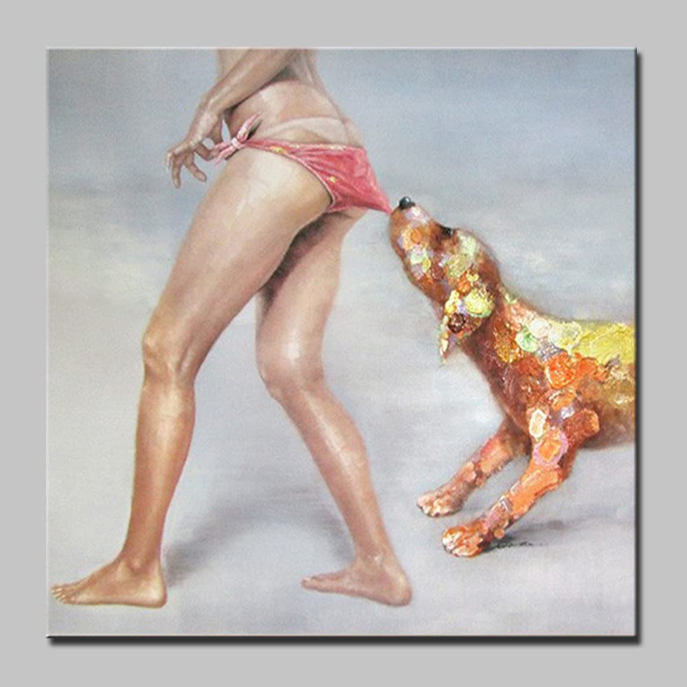 Peinture à l'huile salon moderne et design de femme au chien boisson