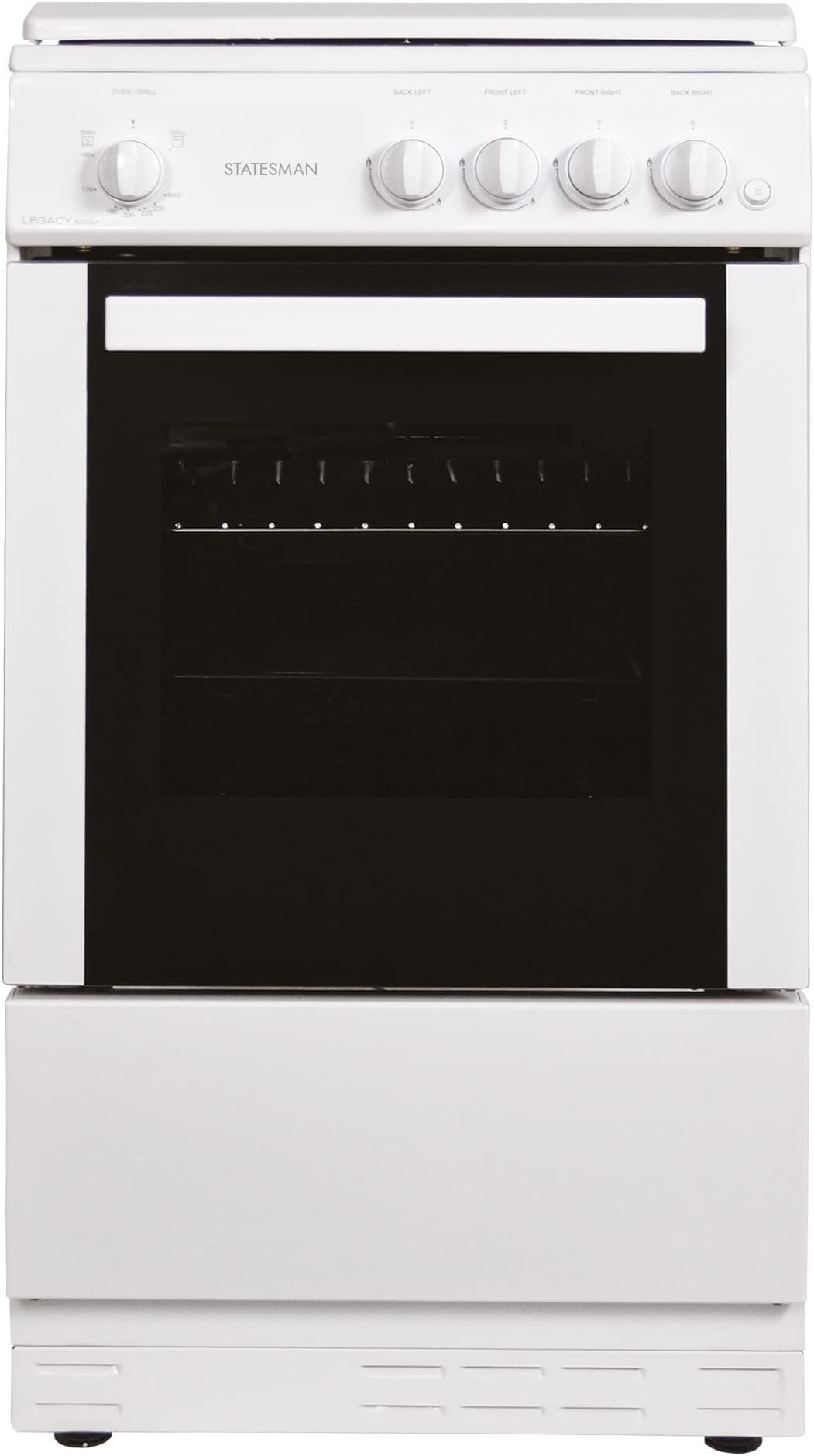 Statesman LEGACY50GSLF Single Oven Gas Cooker with Enamel Lid, 4 Gas Burners, Integrated Grill, 50cm Wide, 1 Oven Shelf, Includes 2 Trays, LPG Conversion Kit Included, White