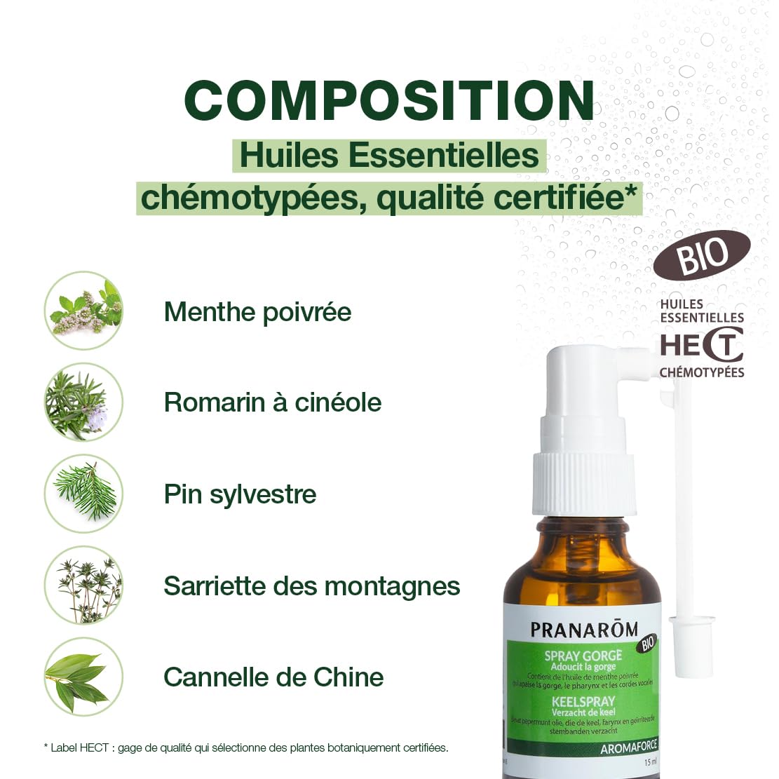 PRANARÔM - Aromaforce - Spray Gorge Action 3 in 1 - con oli essenziali - menta piperita - aiuto al sollievo della gola - vegano - 15 ml