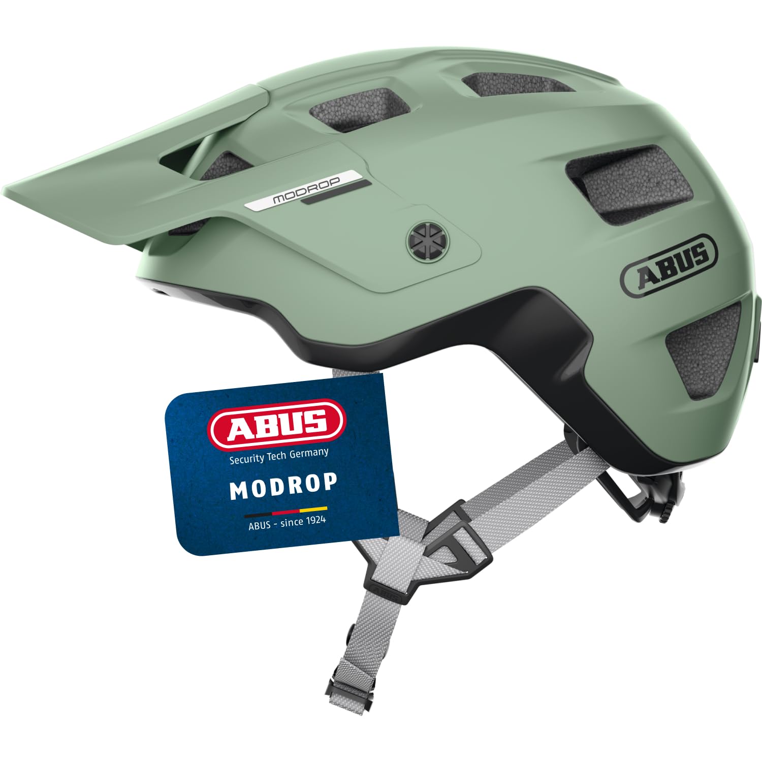ABUS Casco MTB MoDrop para Bicicleta de Montaña, Verde, M | Tecnología In-Mold, sistema de ajuste, soporte para gafas, abertura para coleta