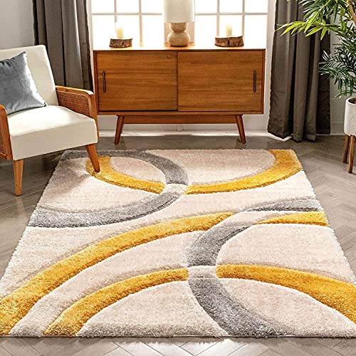 Image of Urban Modern Decor Features 3x5 Feet Modern Soft Shaggy Carpet Thick, Fluffy & 2 inch Pile Shag Rug for Your Kids Room, Bedroom & Livingroom(3x5 feet, Ivory & Yellow c)