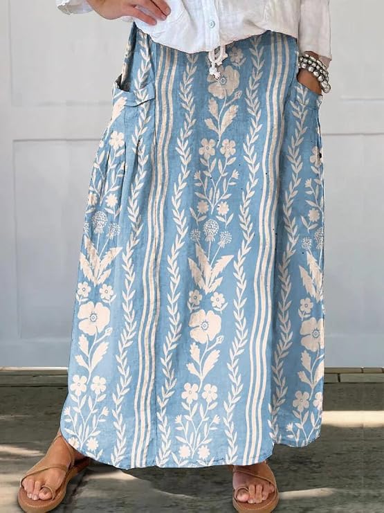 Vintage Floral Cotton Long Skirt