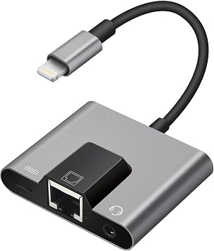 Lightning to RJ45 Ethernet Adapter Network Adapter, Support 10/100Mbps Ethernet Network, with Lightning Charge Port and 3.5mm Audio Jack, Compatible with iPhone 14 13 12 11/iPad