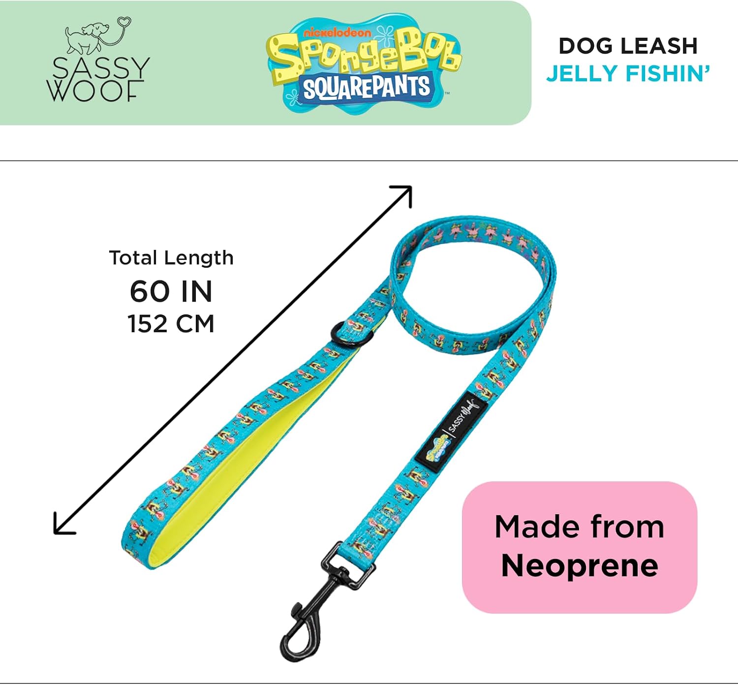 Sassy Woof Spongebob Squarepants™ Jelly Fishin' Dog Leash 60-Inch with Neoprene Padded Handle - Comfortable, Durable, and Stylish for Small to Large Dogs - Officially Licensed
