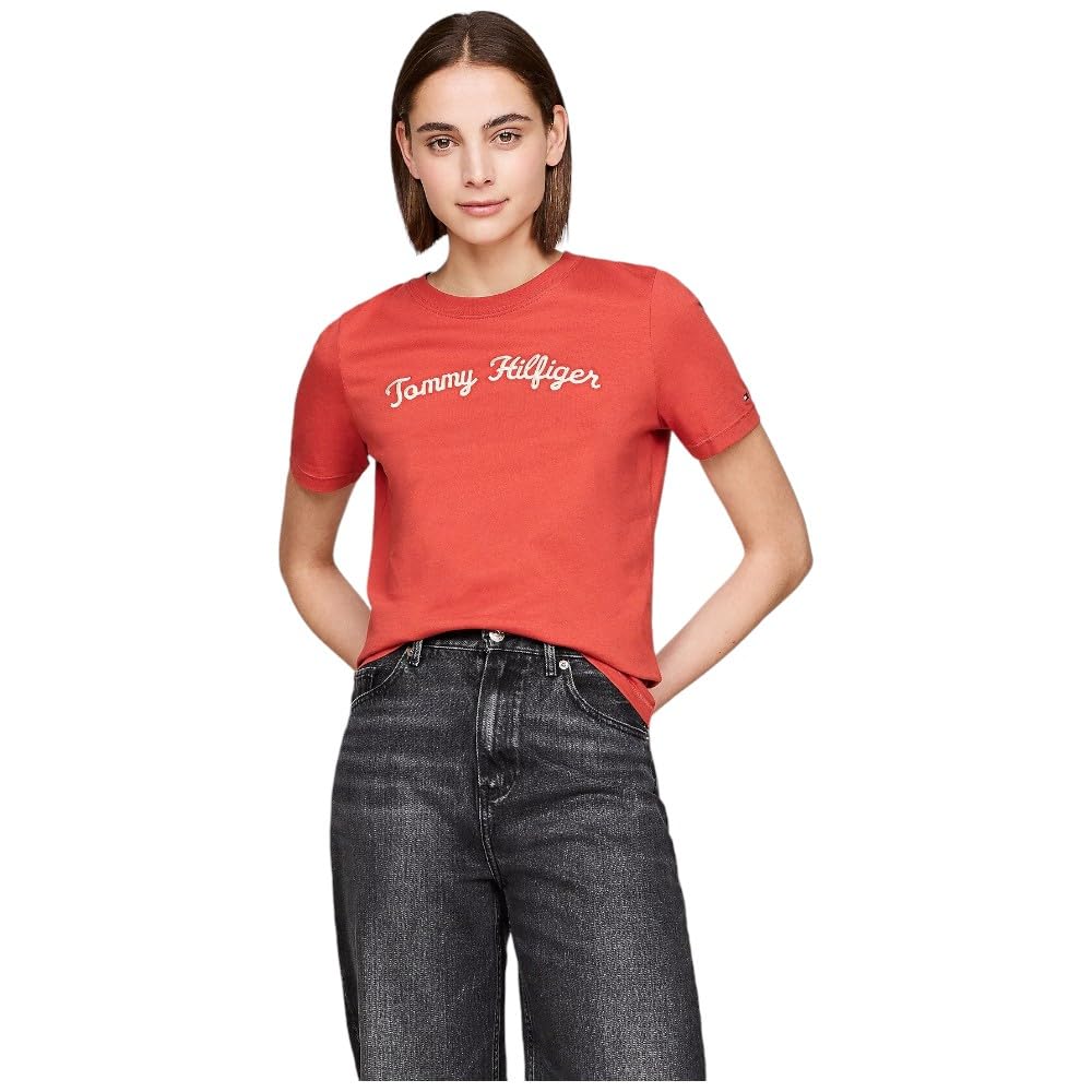 Tommy Hilfiger Damen T-Shirt Kurzarm Regular Rundhalsausschnitt, Rot (Terra Red), XXS