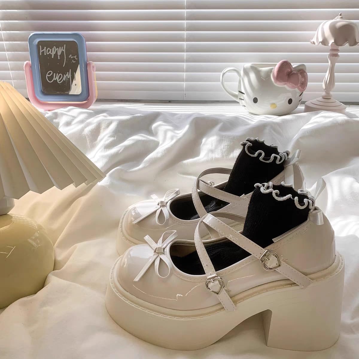 Women's Cute Bow Mary Jane Shoes Kawaii Cross Strap Round-Toe Chunky Wedge Pumps Casual Platform Shoes Cosplay Costume