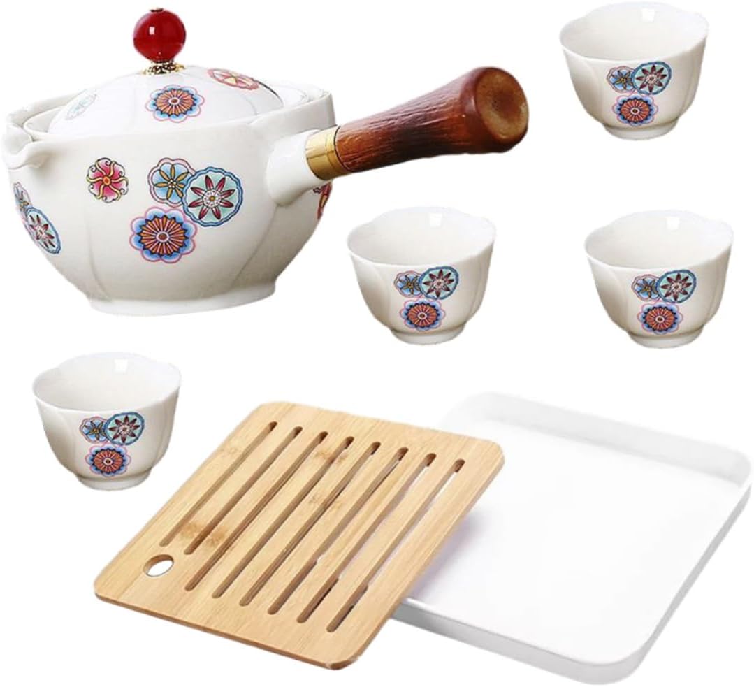 Ceramic Kungfu Tea Set with Rotatable Teapot and Porcelain Teacups, Portable Travel Tea Brewing Kit with 1 Teapot, 4 Cups, and Carrying Bag for Outdoor and Home Use