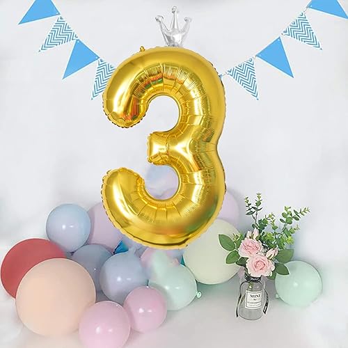 Miniatura 5 de Globo dorado del número 3 con corona, globos de número grande de tercer cumpleaños, 40 pulgadas