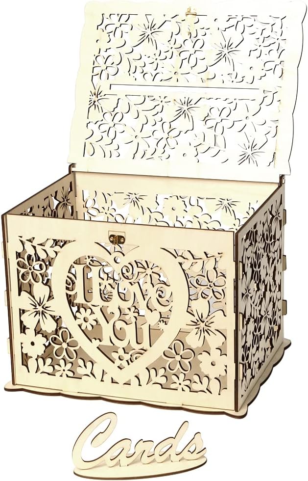 Alnicov Wooden Wedding Card Box,Money Box with Lock Slot,DIY Wooden Money Box for Wedding Reception Anniversary Birthday Party Graduation Party Decoration(I Love You-Small Size)