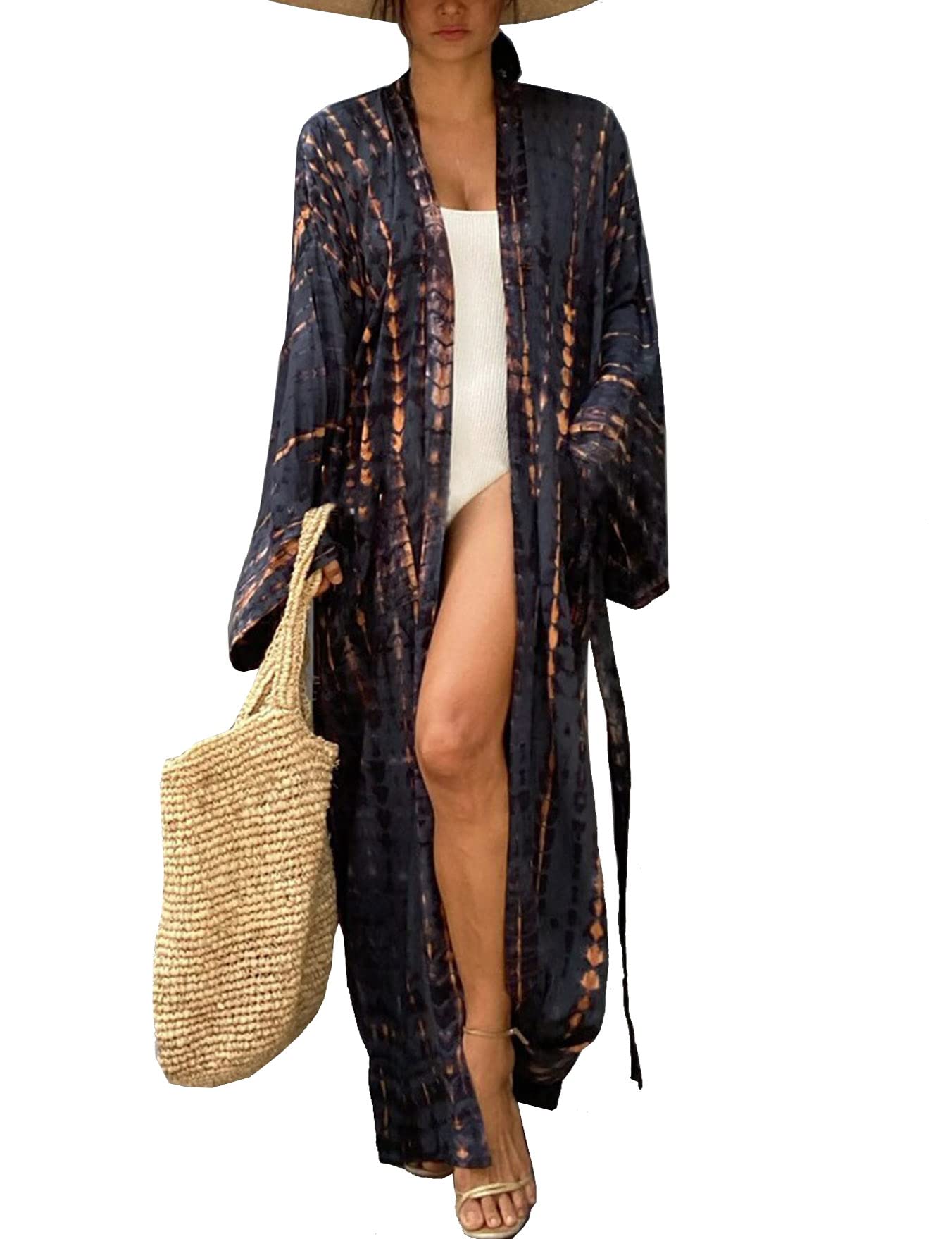 HYUET Mujer Kaftan Vestido de Playa Tie Dye Algodón Cárdigan Maxi Kimono Pareos y Camisola Camisas Playa Bohemia Boho Suelto Verano Traje de Baño Bikini Cover Up Talla Grande Elegante