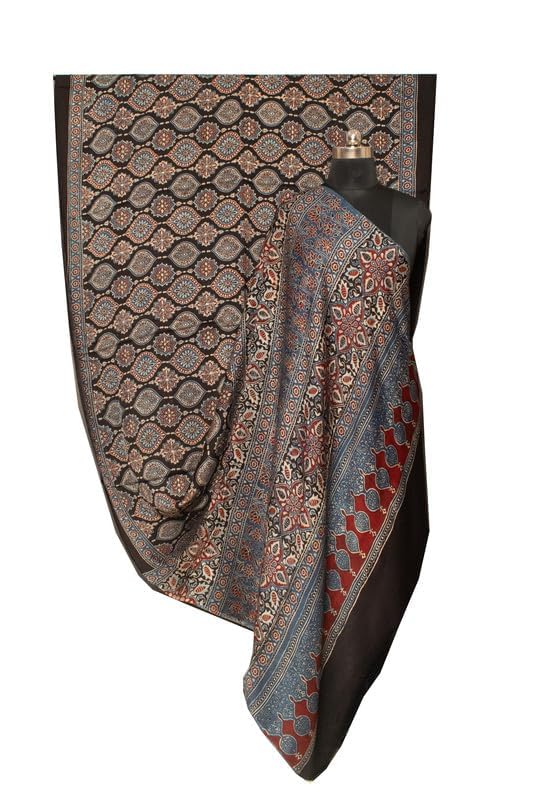 Image of Ethnics of Kutch Womenss Ajrakh Modal Silk Natural Dye Hand Block Print Saree with Blouse Piece - 5.5 Mtr Length