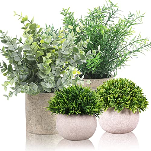 4 Set Artificial Plants Indoors Potted, Small Fake Plants in Pot Eucalyptus Rosemary Succulents for Home Decor Desk Bedroom Kitchen Office Decoration (4 Pack-C)