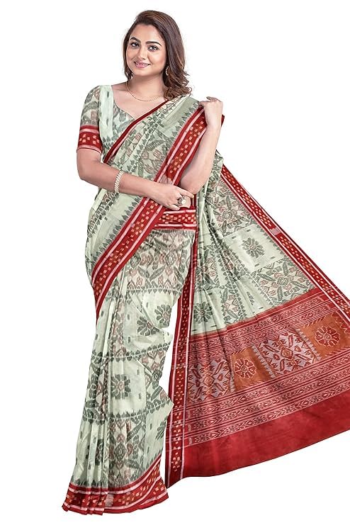 Image of Ikat Women's Cotton Saree, Handmade Pure Cotton Khandua Saree, Ikkat Orissa Traditional Handloom Saree without Blouse