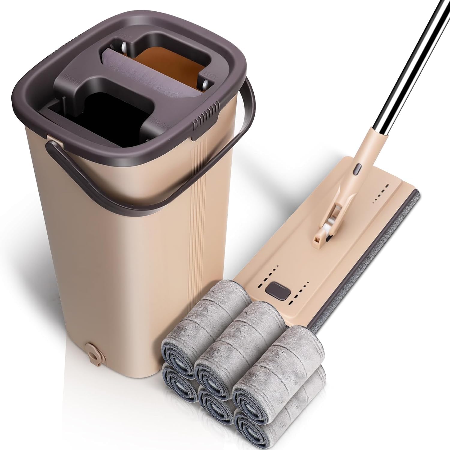 Mocio con Secchio e Strizzatore, Mop Piatto con 6 Panni in Microfibra, Manico Telescopico in Acciaio Inox 132 cm, Lavapavimenti per Casa, Piastrelle e Parquet, Colore Beige