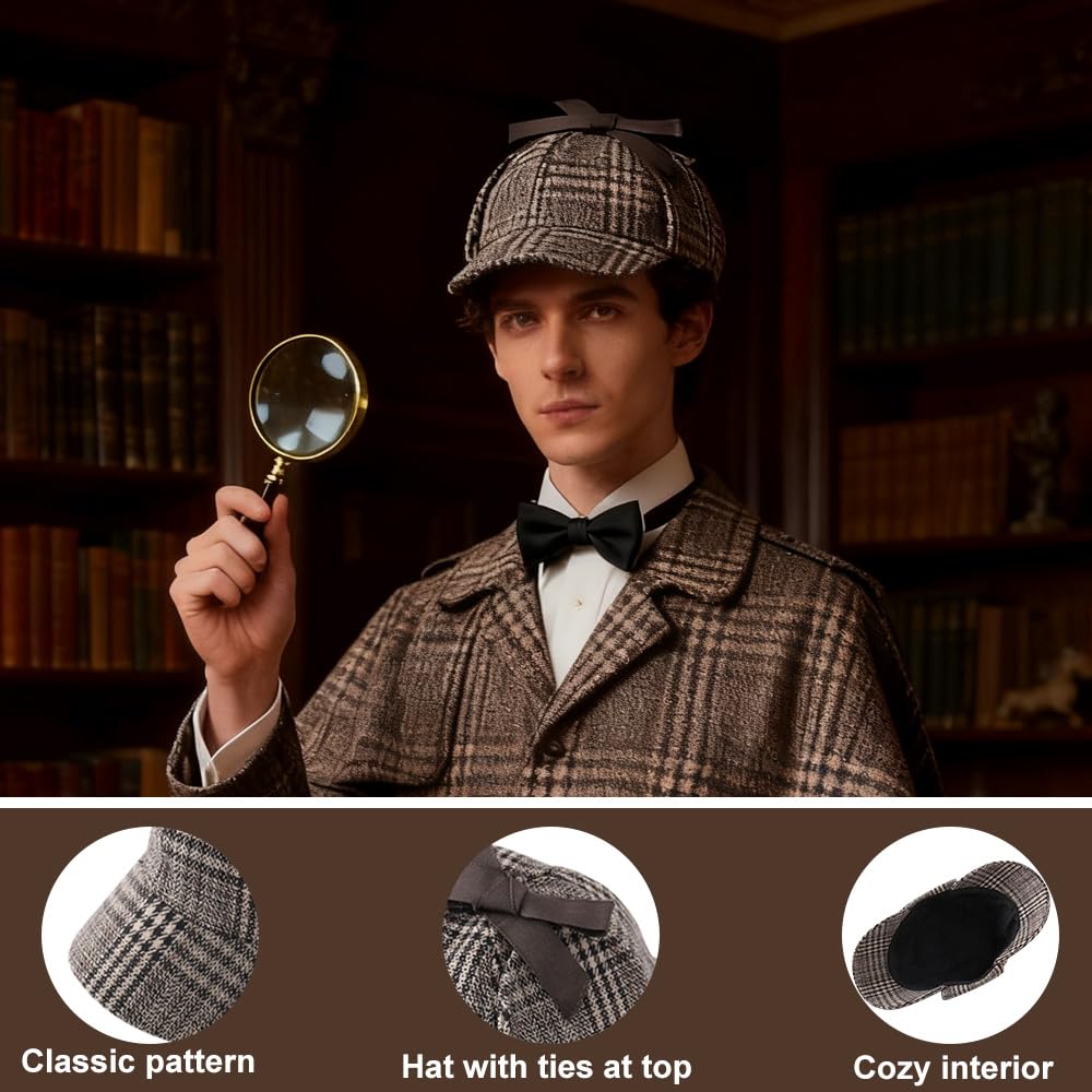 Zestaw akcesoriów do kostiumu detektywa, 5 sztuk, kostium Sherlocka Holmesa, rekwizyty do cosplay detektywa, z kapeluszem detektywistycznym, metalowymi okularami, lupą, muszką męską, brodą, dla