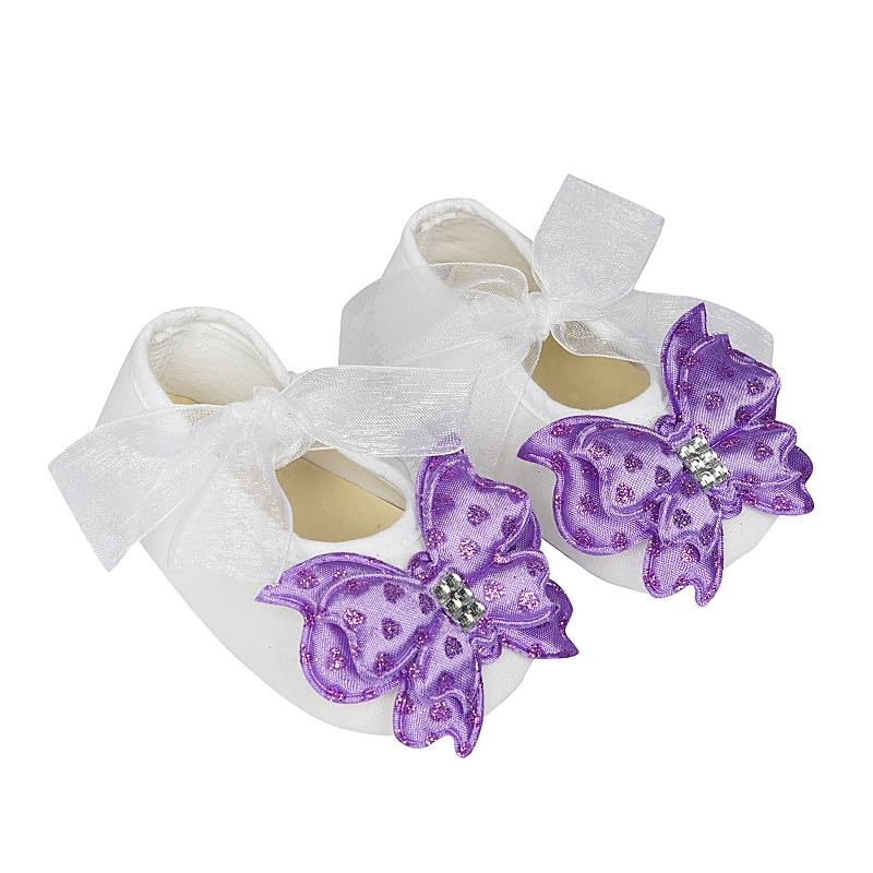 Infant New Baby Toddlers Boys and Girls Cotton White Sandal Ribbon Booties With Purple Butterfly Patch [RSM_34]-image-49