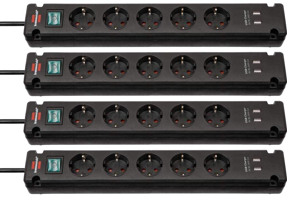 Brennenstuhl Bremounta Steckdosenleiste 5-Fach mit USB-Ladefunktion (Steckerleiste mit Befestigungsmöglichkeit, 3m Kabel und Kindersicherung) schwarz 4er Pack