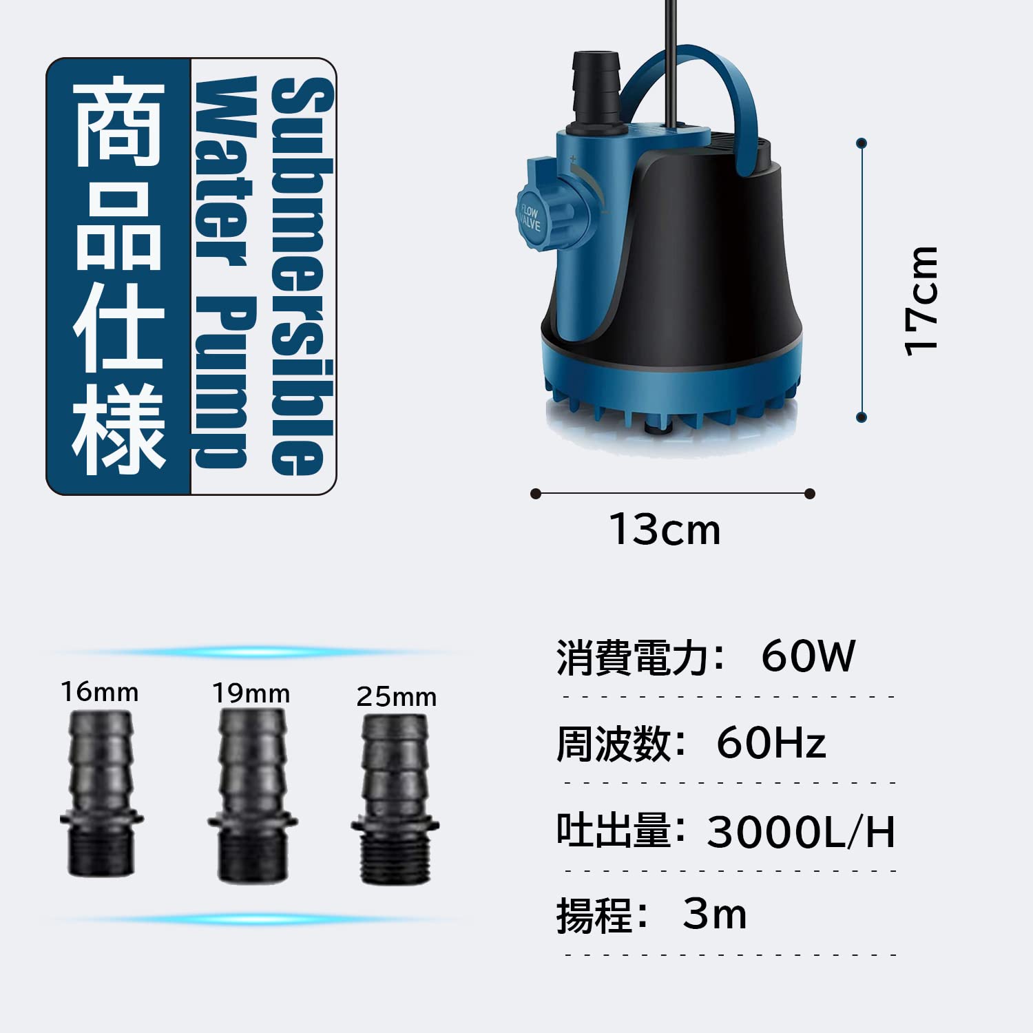 THYESCOM 水中ポンプ 低水位対応 循環ポンプ 吐出量3000L/H 最大揚程3M