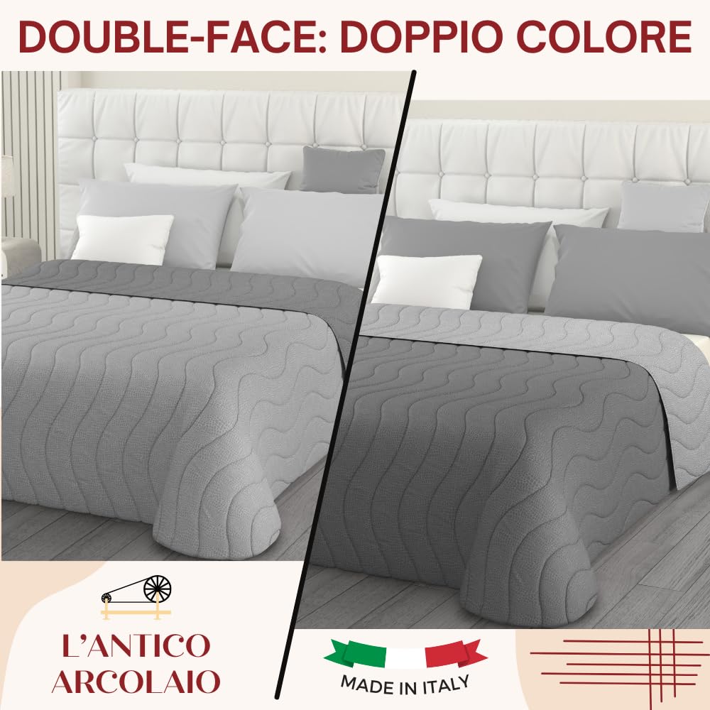 L'ANTICO ARCOLAIO - Trapuntino Matrimoniale Estivo (Grigio/Argento) Copriletto Matrimoniale Mezza Stagione Made in Italy, Trapunta Matrimoniale Double Face Ipoallergenica (Microfibra, 100g/m2)
