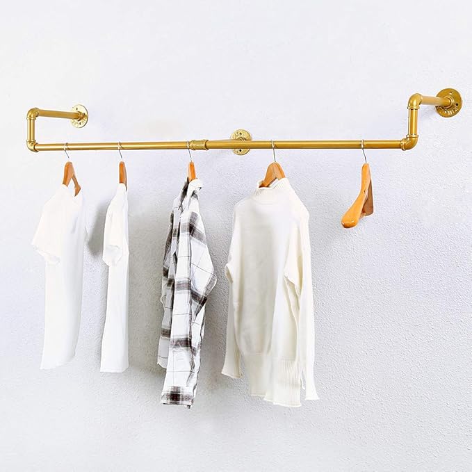 (59in Gold) Industrial Pipe Clothing Rack, Wall Mounted